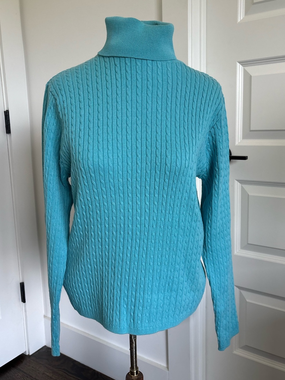 Wainscott Aqua Blue Cable Knit Turtleneck Fitted Sweater